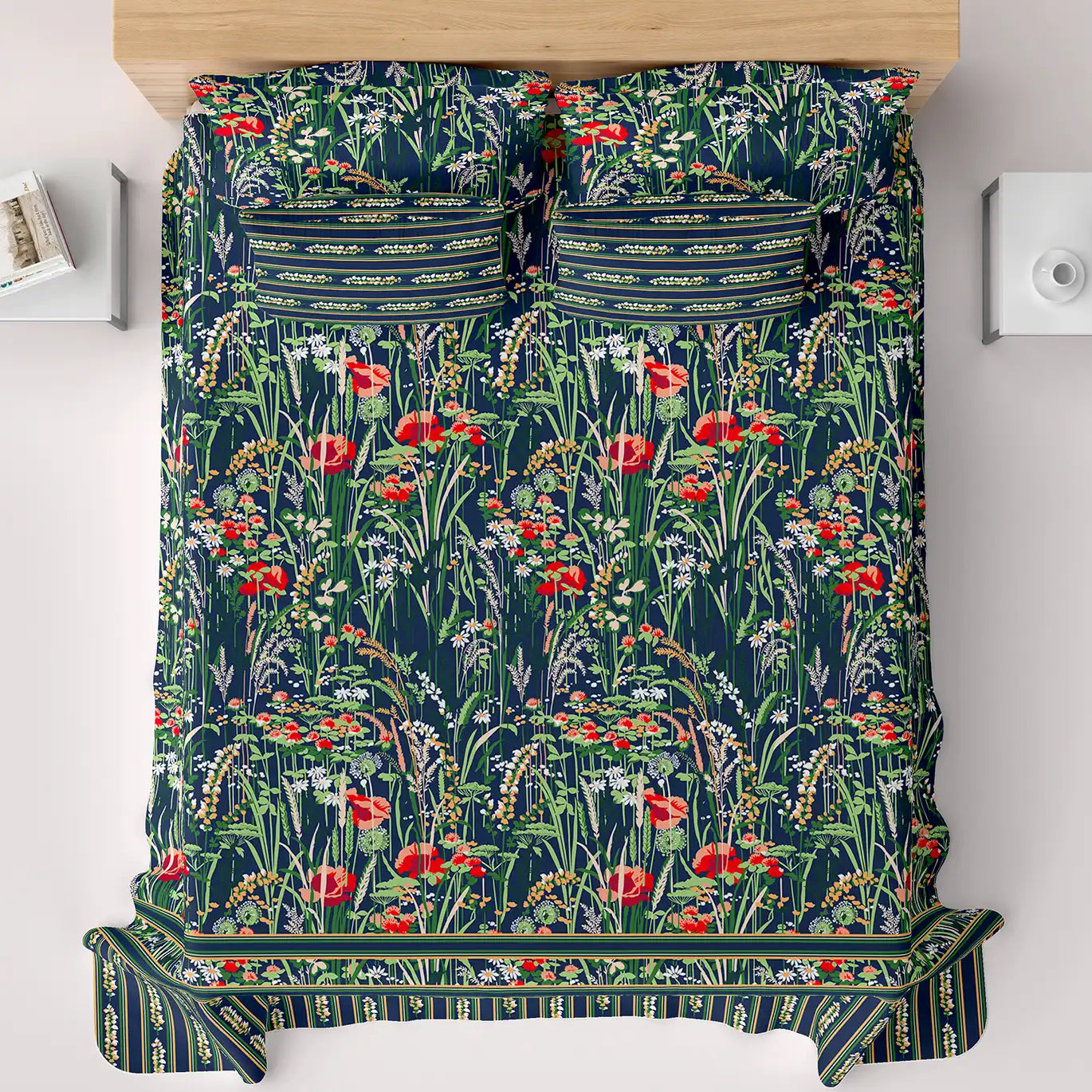Xara Dark Blue Floral Stripe Border Bed Sheet Set - 8501-02