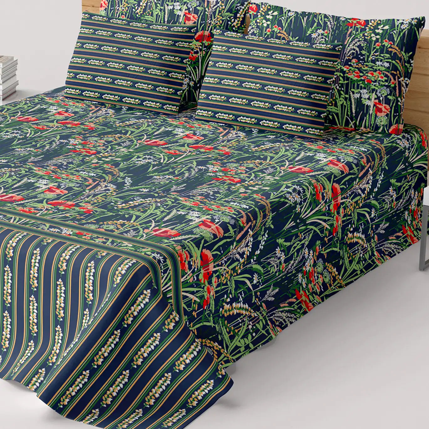 Xara Dark Blue Floral Stripe Border Bed Sheet Set - 8501-02