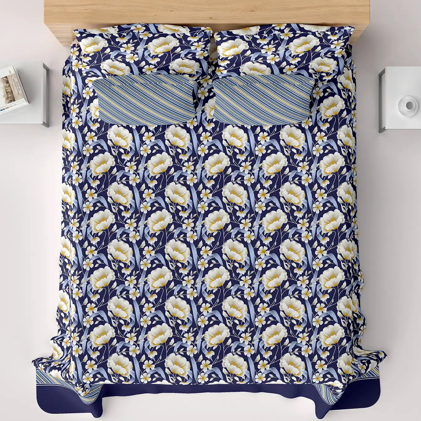 Xara Dark Blue Floral Stripe Border Bed Sheet Set - 8505-06