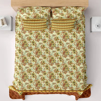 Xara Floral Striped Border Bed Sheet Set Cream