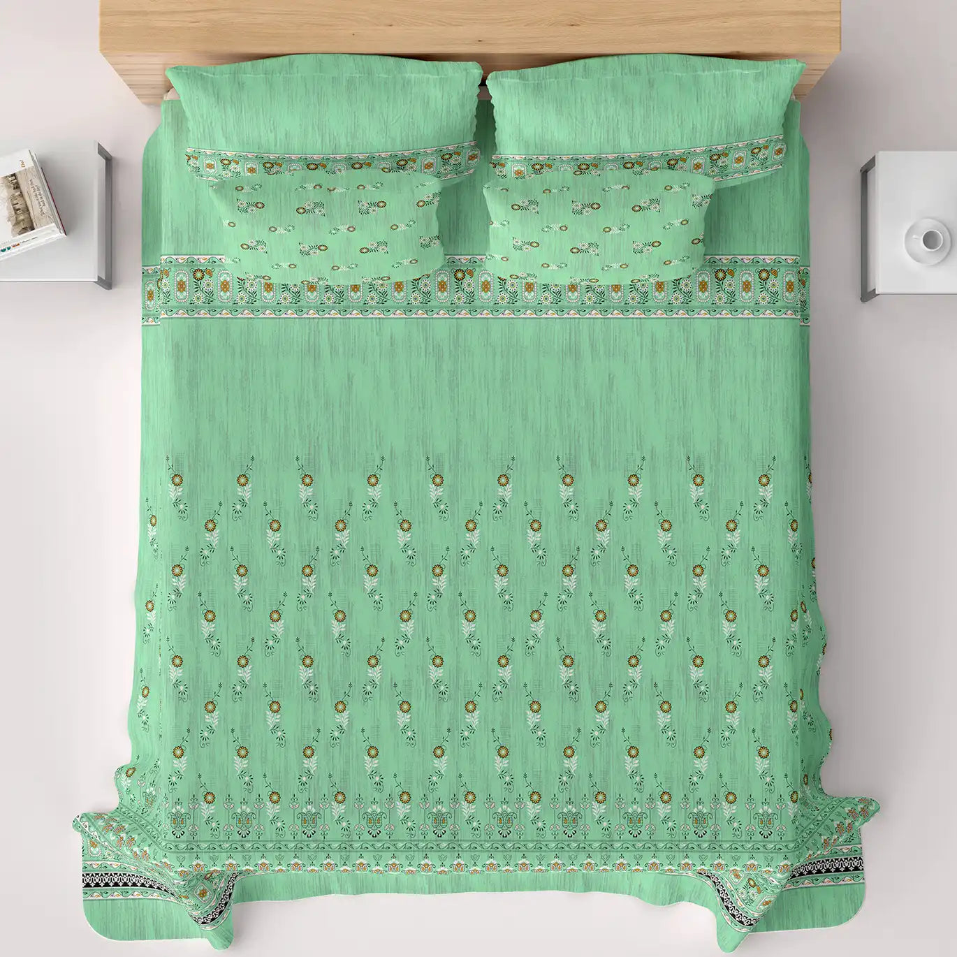Xara Green Floral Stripe Border Bed Sheet Set - 8019-8020