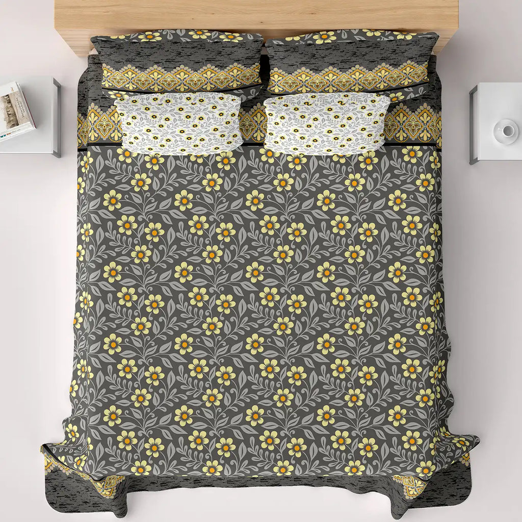 Xara Grey Floral Stripe Bed Sheet Set