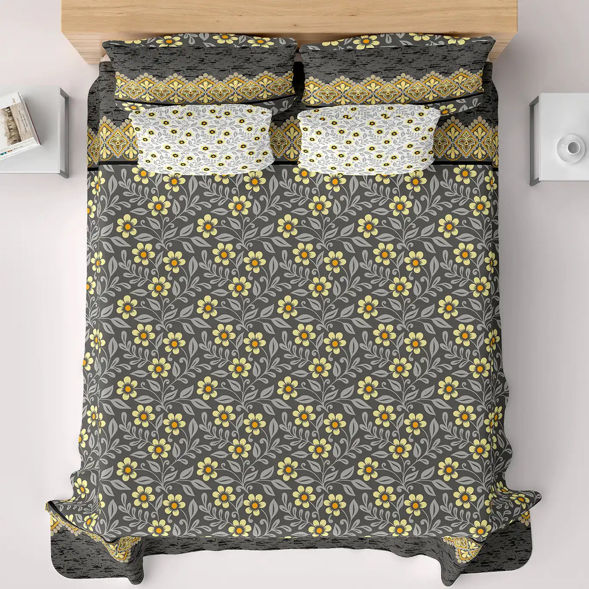 Xara Grey Floral Stripe Bed Sheet Set