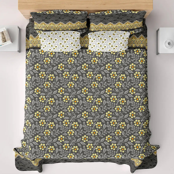 Xara Grey Floral Stripe Bed Sheet Set