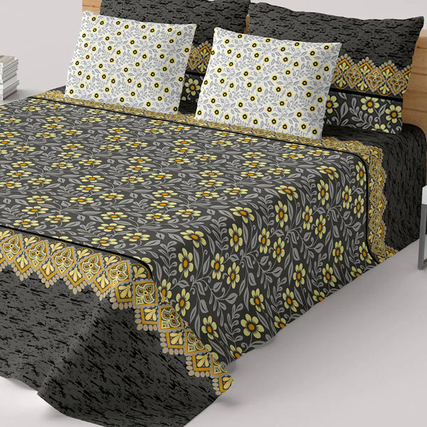Xara Grey Floral Stripe Bed Sheet Set