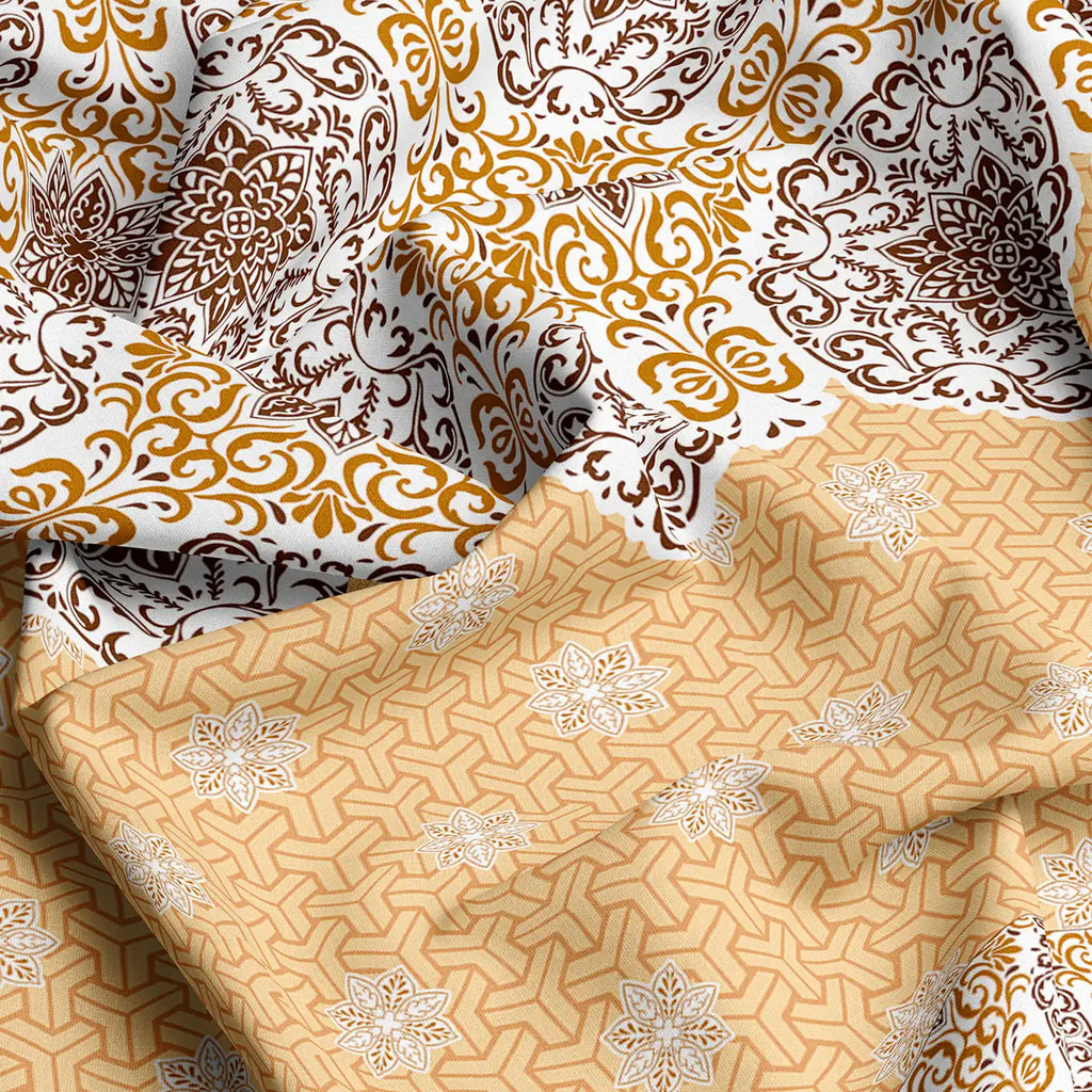 Xara Mustard Yellow Floral Bed Sheet Set with Striped Border
