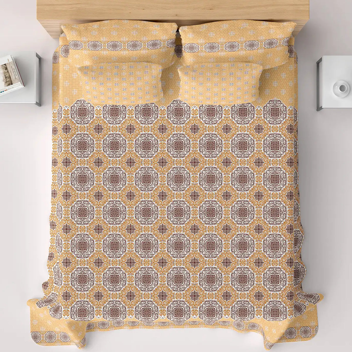 Xara Mustard Yellow Floral Bed Sheet Set with Striped Border