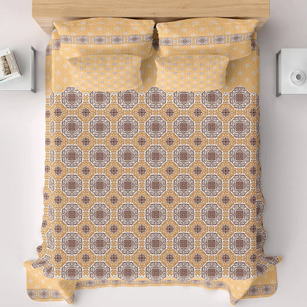 Xara Mustard Yellow Floral Bed Sheet Set with Striped Border