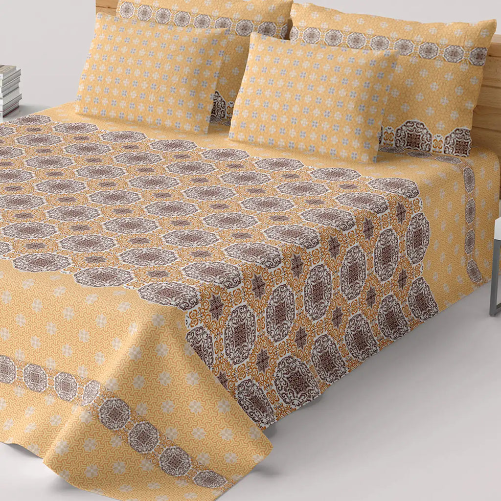 Xara Mustard Yellow Floral Bed Sheet Set with Striped Border