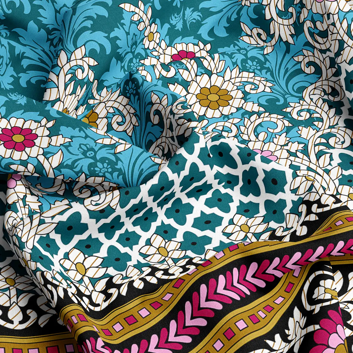 Xara Teal Floral Stripe Bed Sheet Set - 8481-82