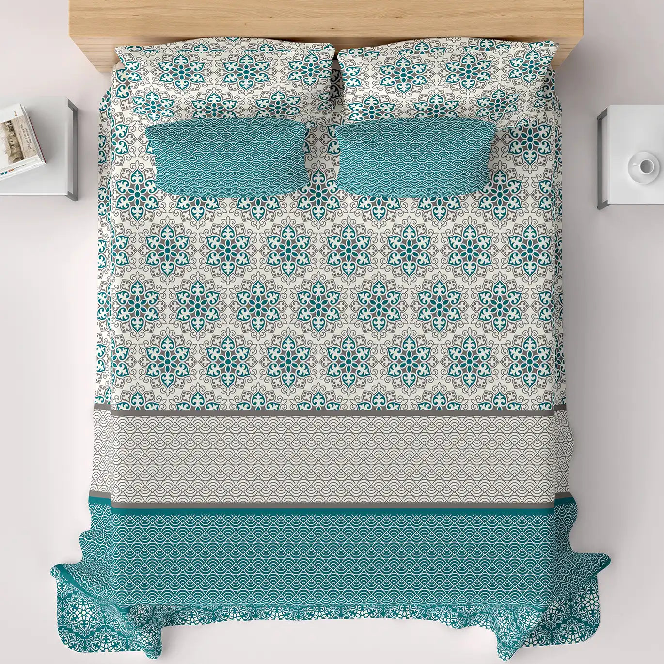 Xara Teal Floral Striped Border Bed Sheet Set - 8553-54