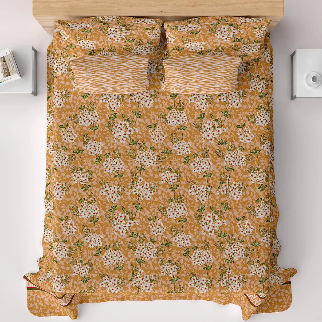 Xara Yellow Floral Striped Bed Sheet Set - 7647-7648