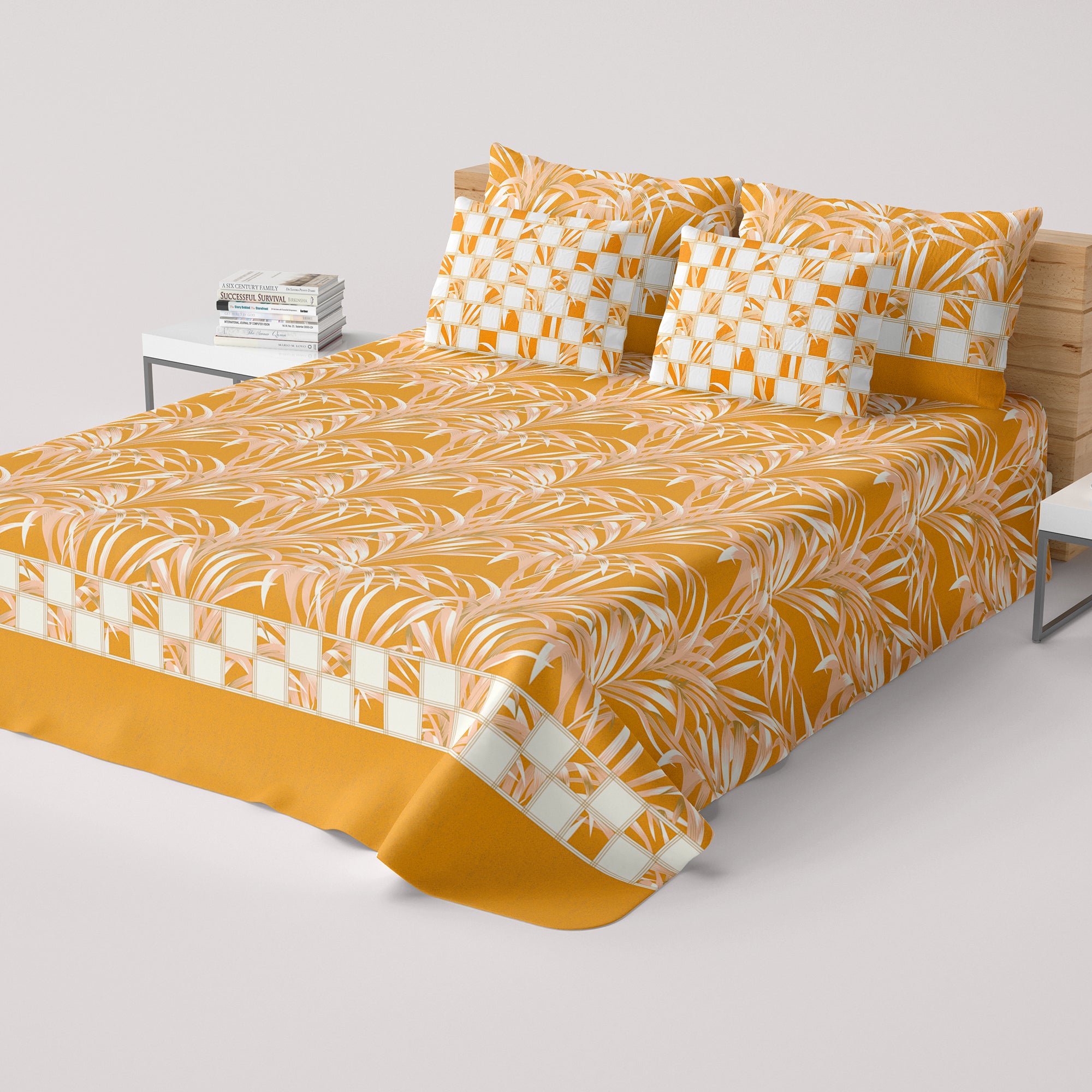 Mustard Leaf Sateen Bed Sheet Set - 6963