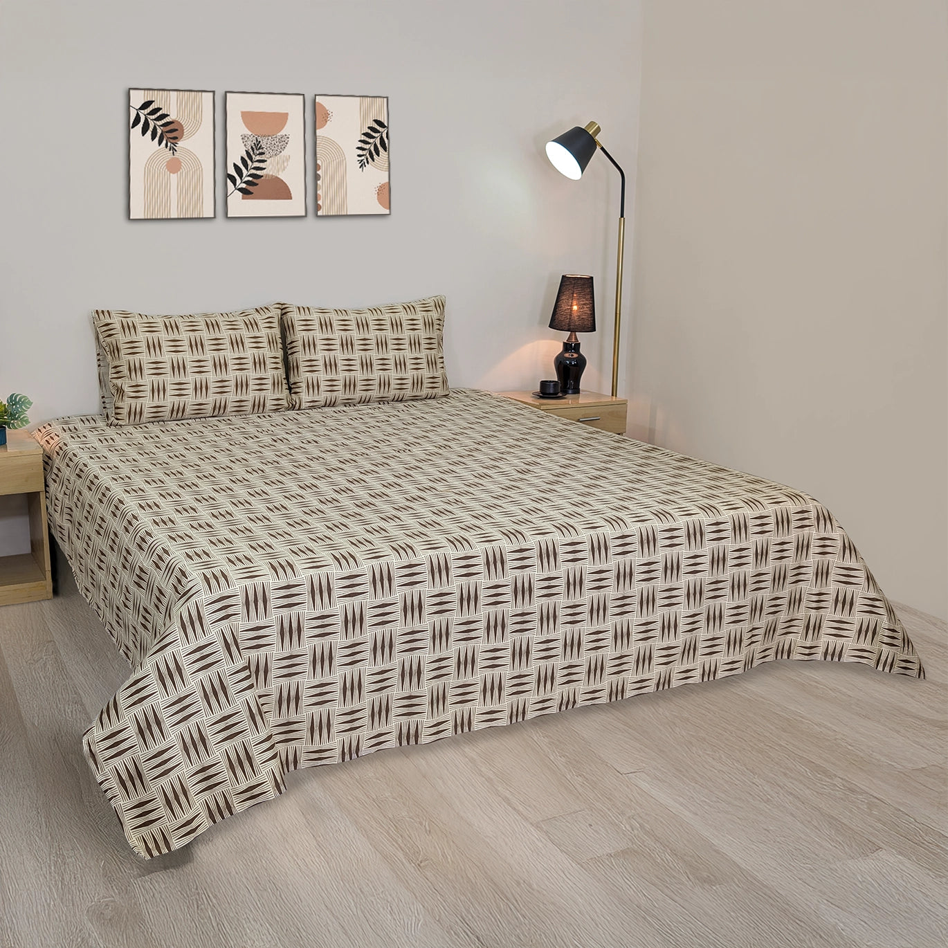 RHS Cotton Percale Bedsheet Set - Cream/Brown Cubic