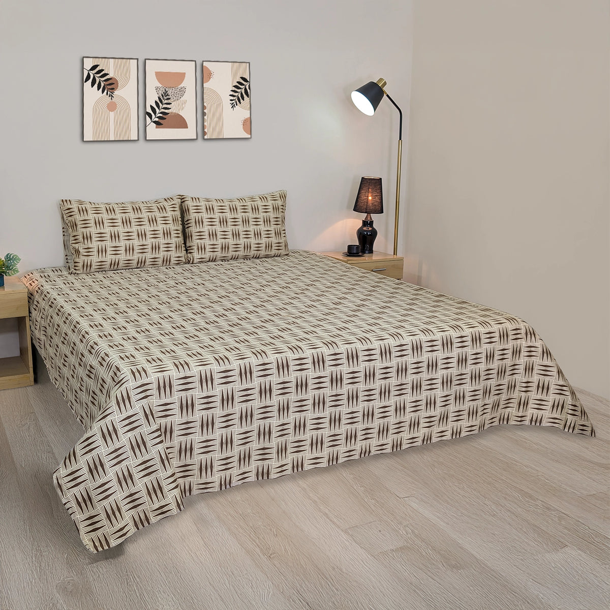 RHS Cotton Percale Bedsheet Set - Cream/Brown Cubic