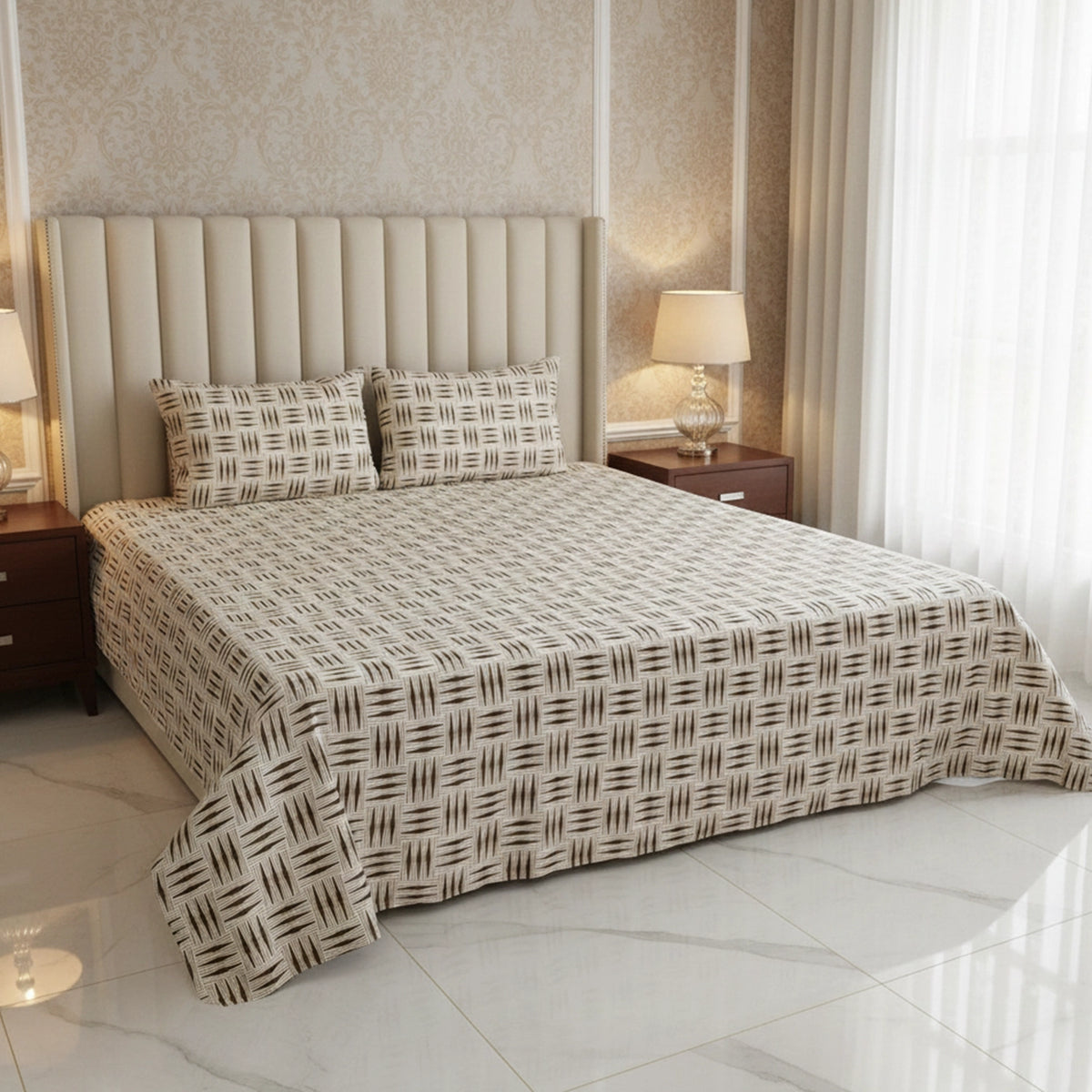 RHS Cotton Percale Bedsheet Set - Cream/Brown Cubic Secondary image