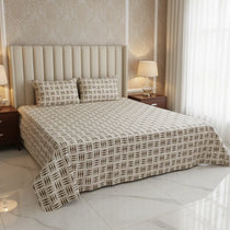 RHS Cotton Percale Bedsheet Set - Cream/Brown Cubic