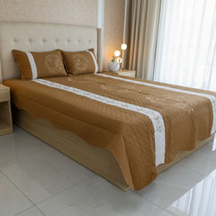 Golden Brown Embroidered Quilted Cotton Bed Sheet Set