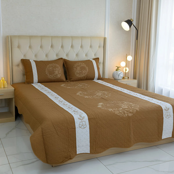 Golden Brown Embroidered Quilted Cotton Bed Sheet Set