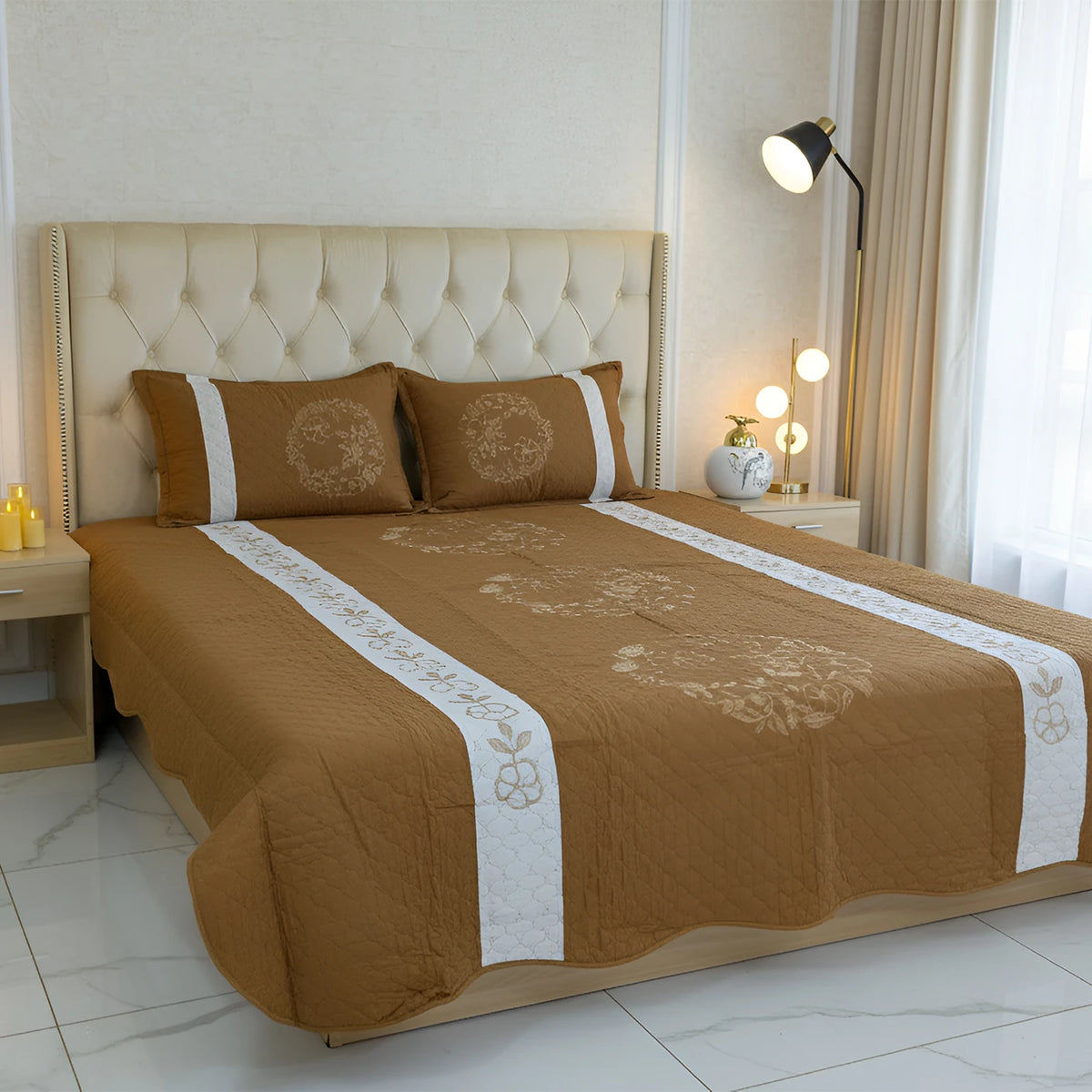 Golden Brown Embroidered Quilted Cotton Bed Sheet Set