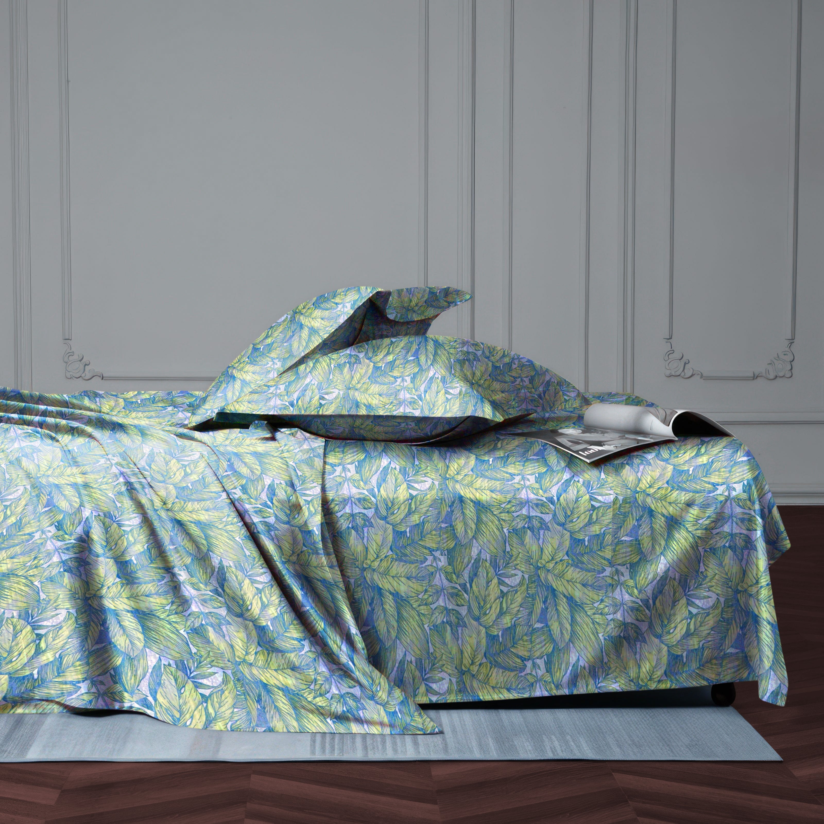 Cotton Satin bedsheet Leaf (Fresh Blue)