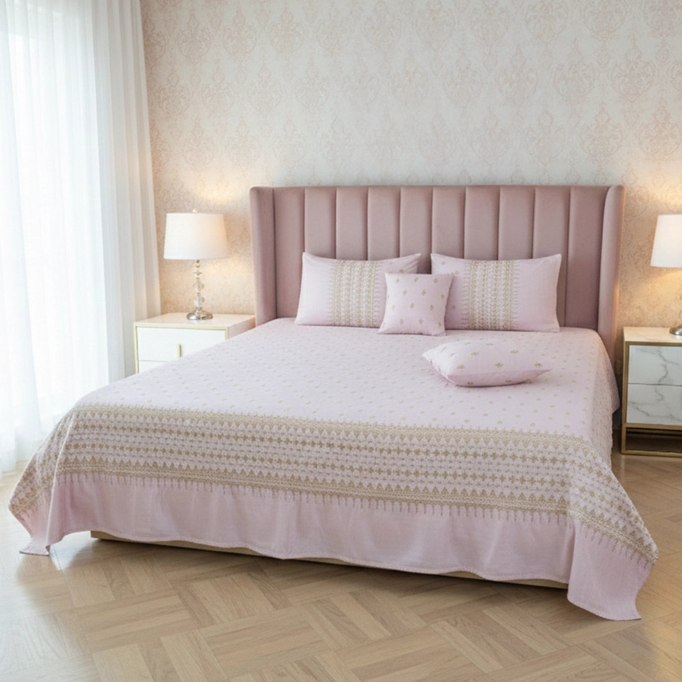 RHS 5 pcs Embroidered Bedsheet Set (Pink)