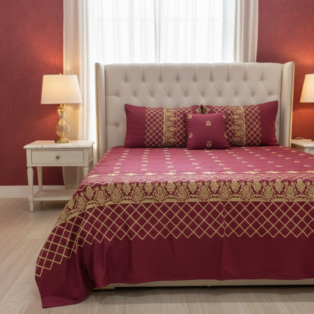RHS 5 pcs Embroidered Bedsheet Set (Red)