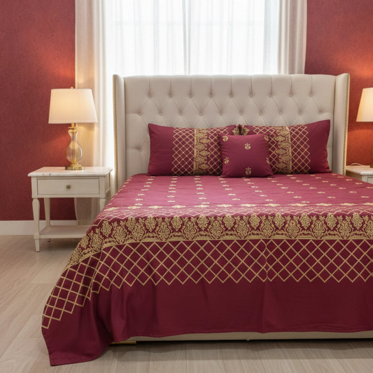 RHS 5 pcs Embroidered Bedsheet Set (Red)