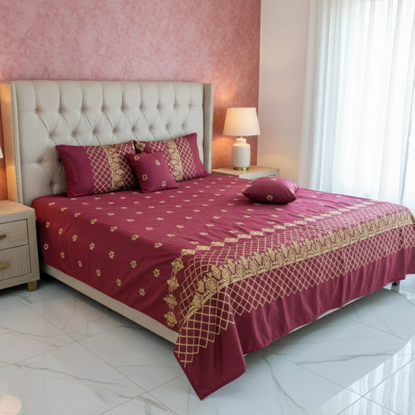 RHS 5 pcs Embroidered Bedsheet Set (Red)