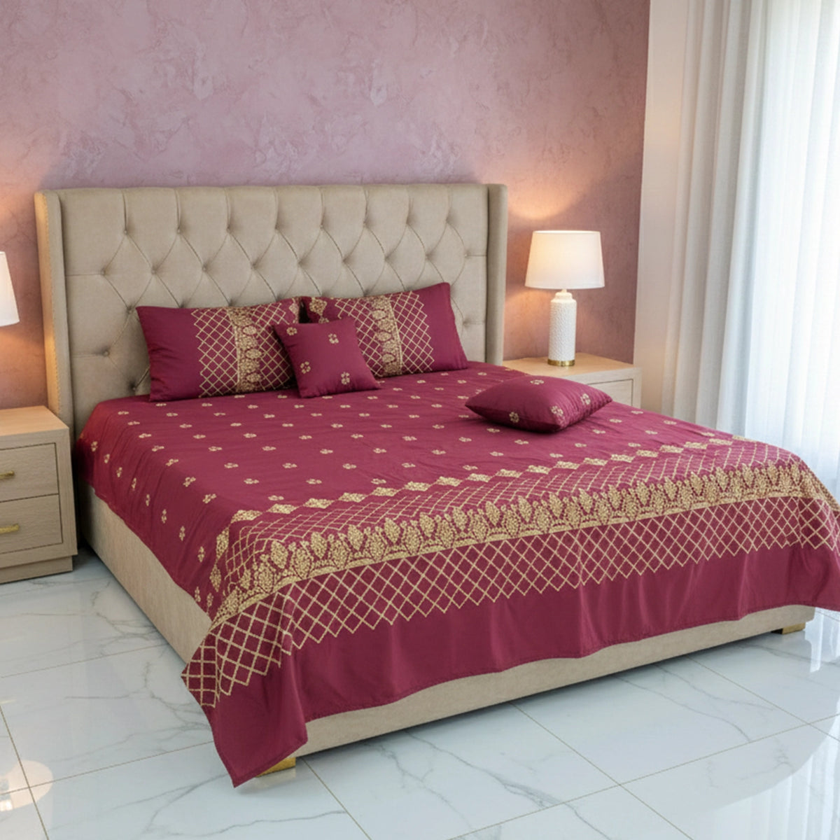 RHS 5 pcs Embroidered Bedsheet Set (Red) Main image