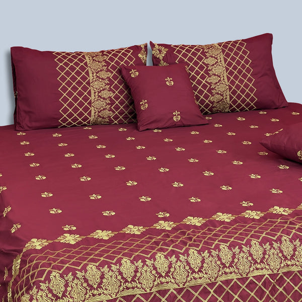 RHS 5 pcs Embroidered Bedsheet Set (Red)