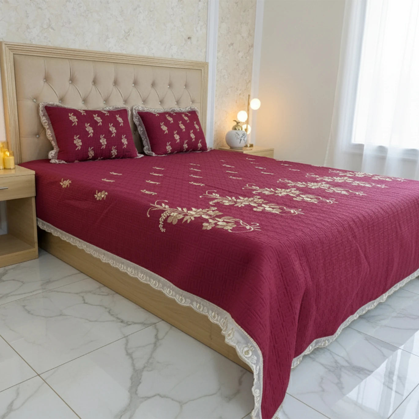 Fancy Embroidered Bed Sheet Set (Red)
