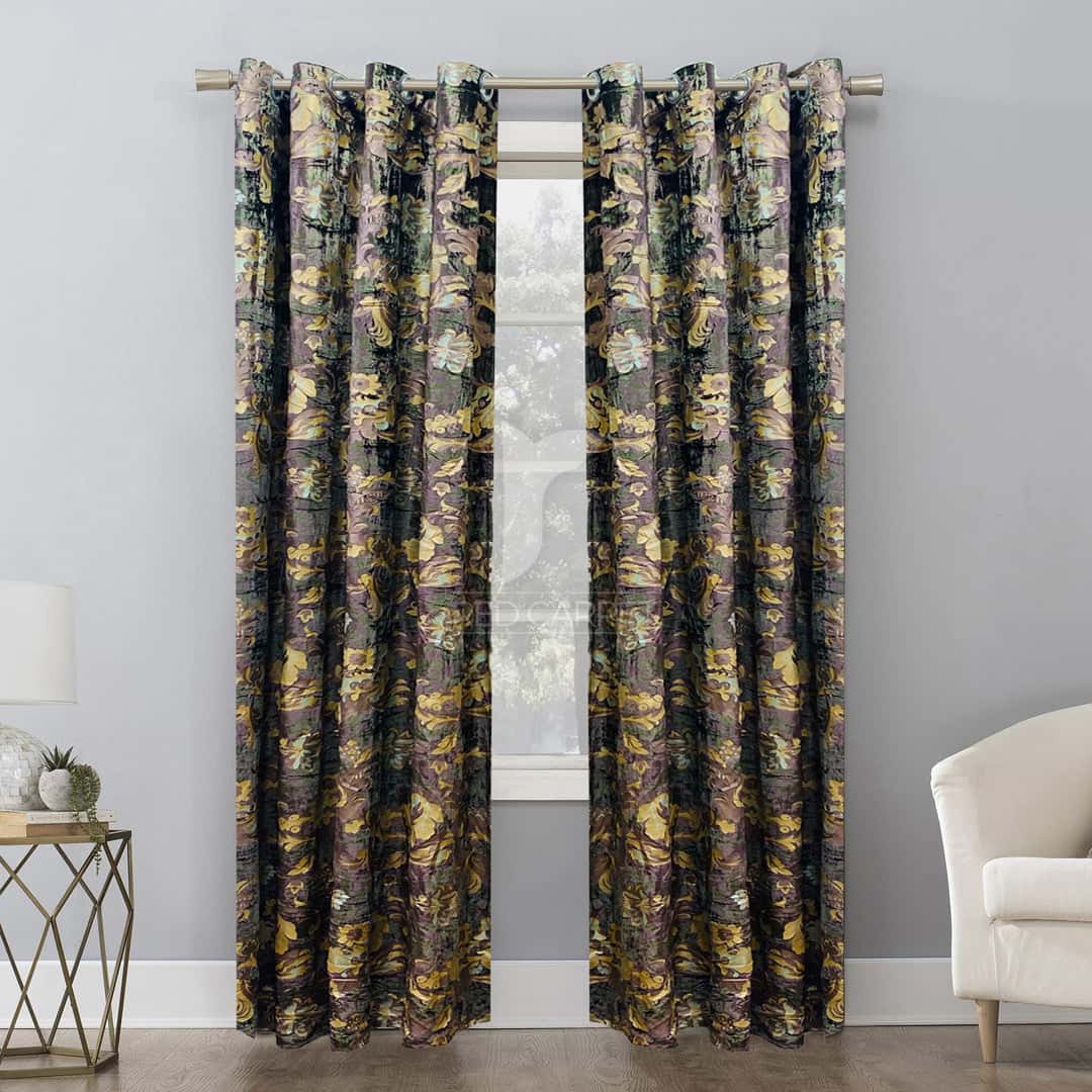 Printed velvet curtains panel (khaki green) Main image
