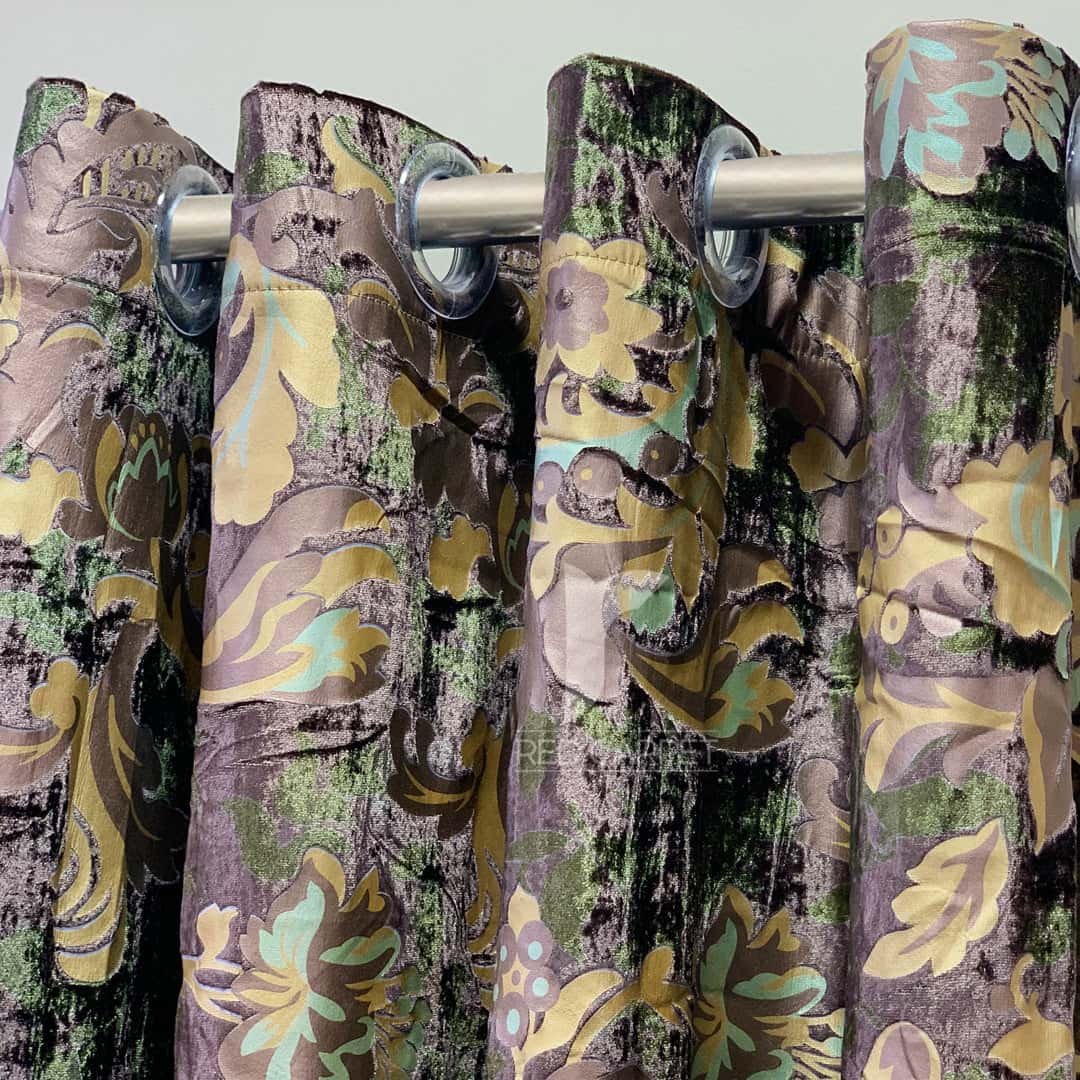 Printed velvet curtains panel (khaki green) Secondary image
