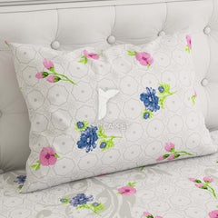 Milky White Floral Sateen Bed Sheet Set - 5789