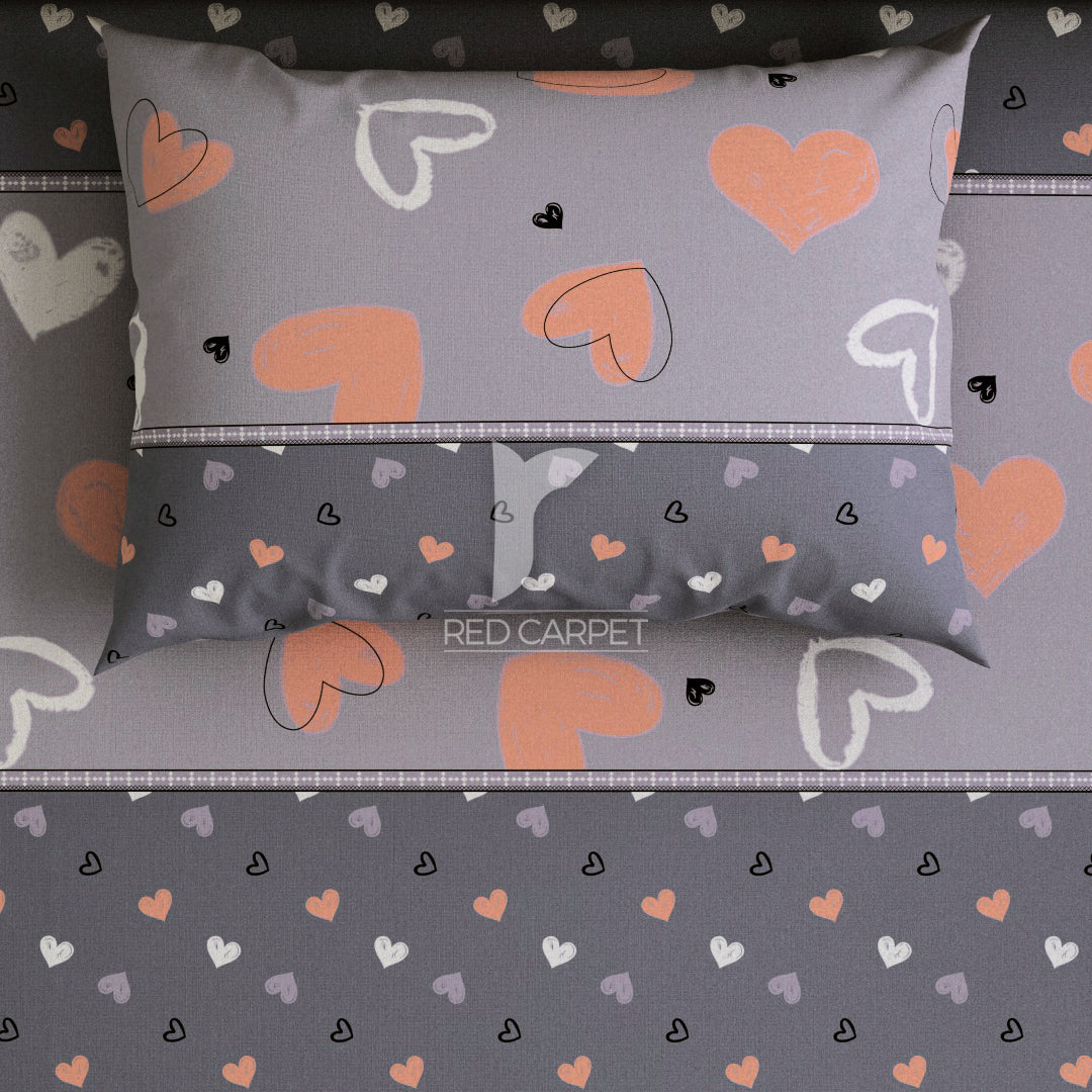 Xara Grey Hearts Bed Sheet Set - 6655-6656(G)