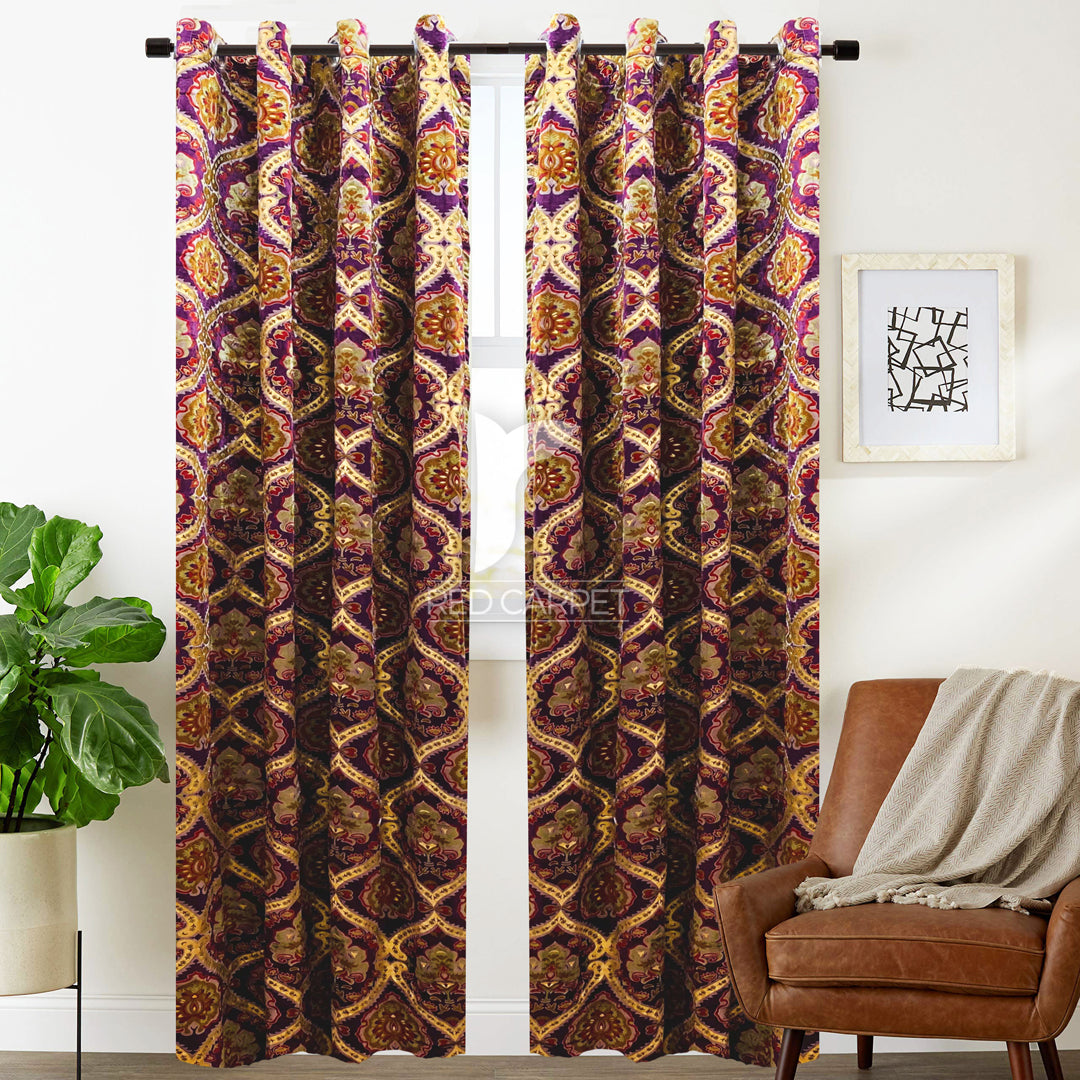 Printed velvet curtains panel (Purple)