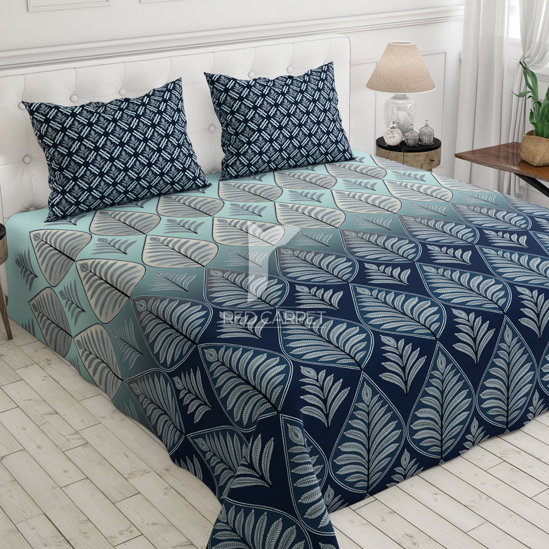 Blue Leaf Sateen Bed Sheet Set - 6935-6936