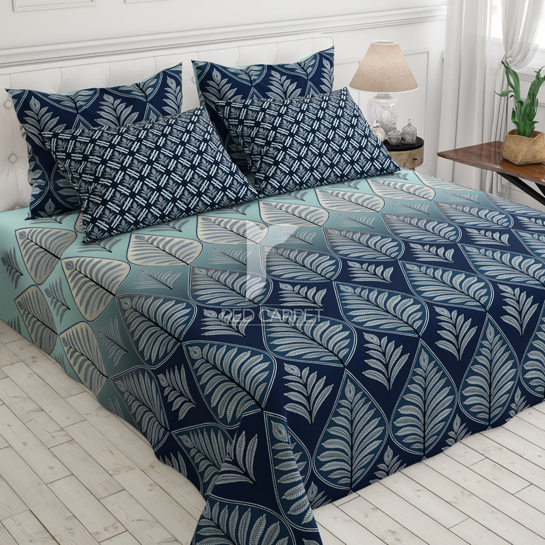 Blue Leaf Sateen Bed Sheet Set - 6935-6936