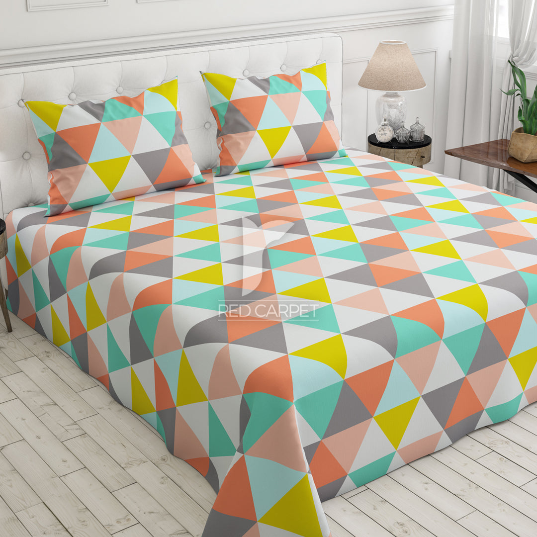 Multi Colored Triangle Sateen Bed Sheet Set - 6950