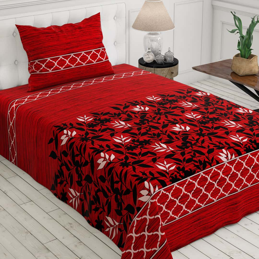 Red Leaf Design Sateen Bed Sheet Set - 6959