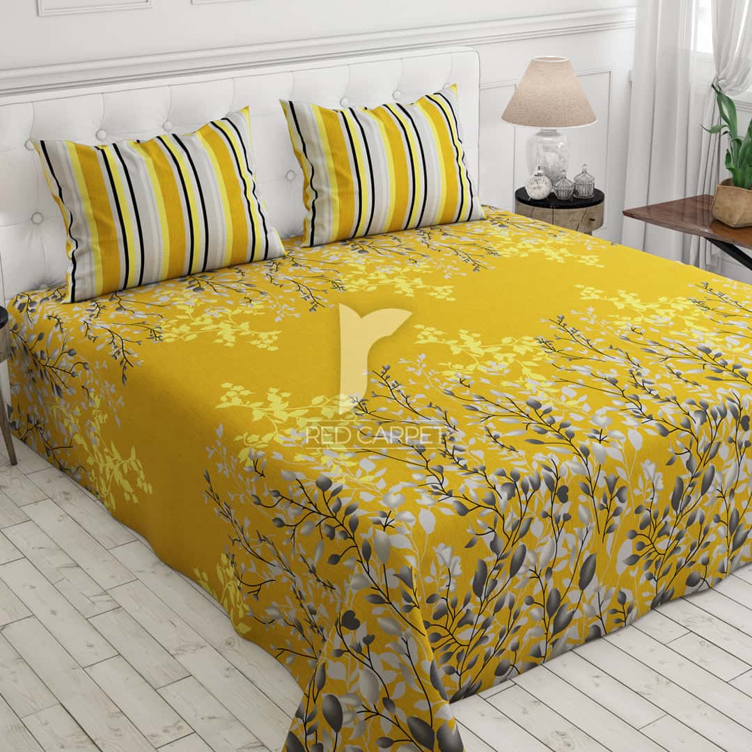 Sateen Yellow Leaf Design Bed Sheet Set - 6999