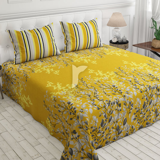 Sateen Yellow Leaf Design Bed Sheet Set - 6999