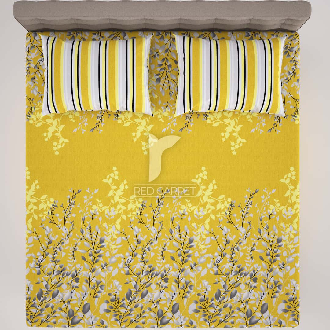 Sateen Yellow Leaf Design Bed Sheet Set - 6999