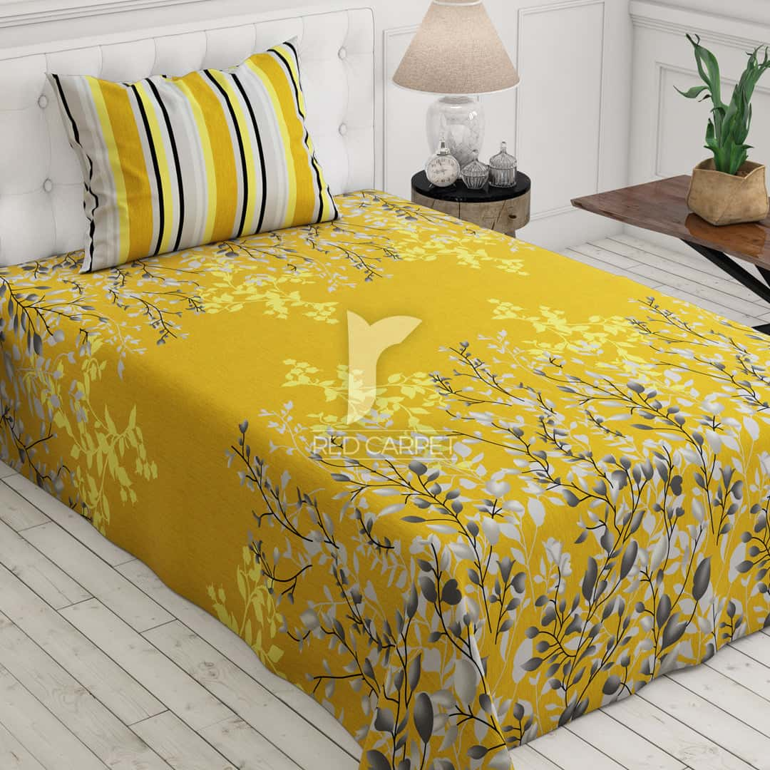 Sateen Yellow Leaf Design Bed Sheet Set - 6999