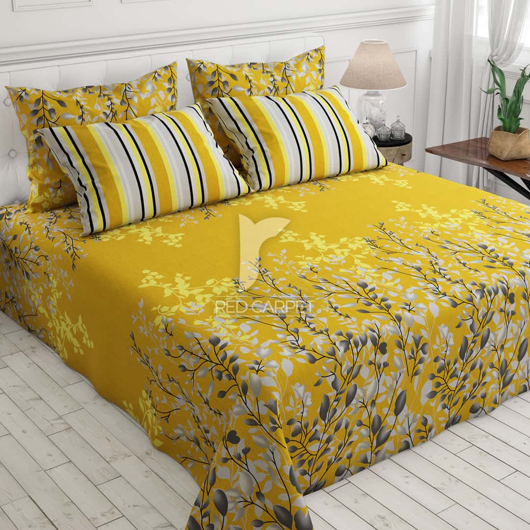Sateen Yellow Leaf Design Bed Sheet Set - 6999