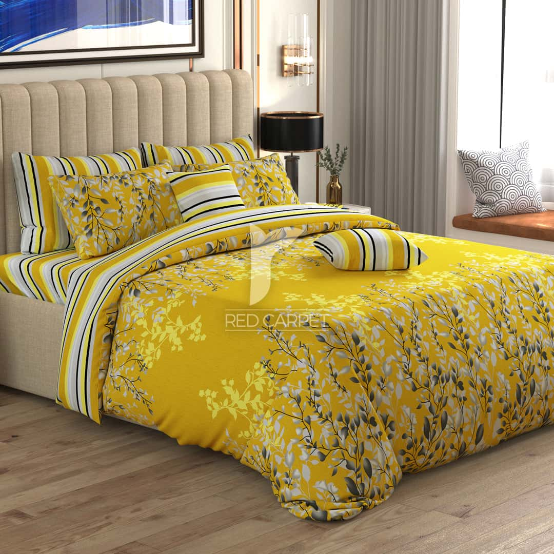 Yellow Floral Stripes & Geometric Shapes Sateen Quilt Cover Set - 6999