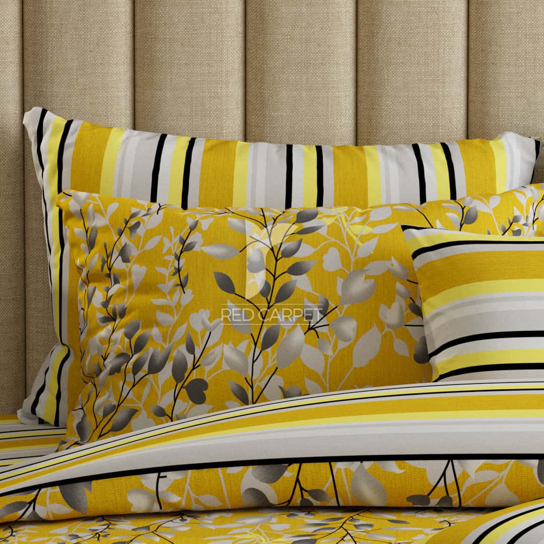 Yellow Floral Stripes & Geometric Shapes Sateen Quilt Cover Set