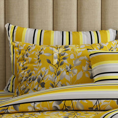 Yellow Floral Stripes & Geometric Shapes Sateen Quilt Cover Set - 6999