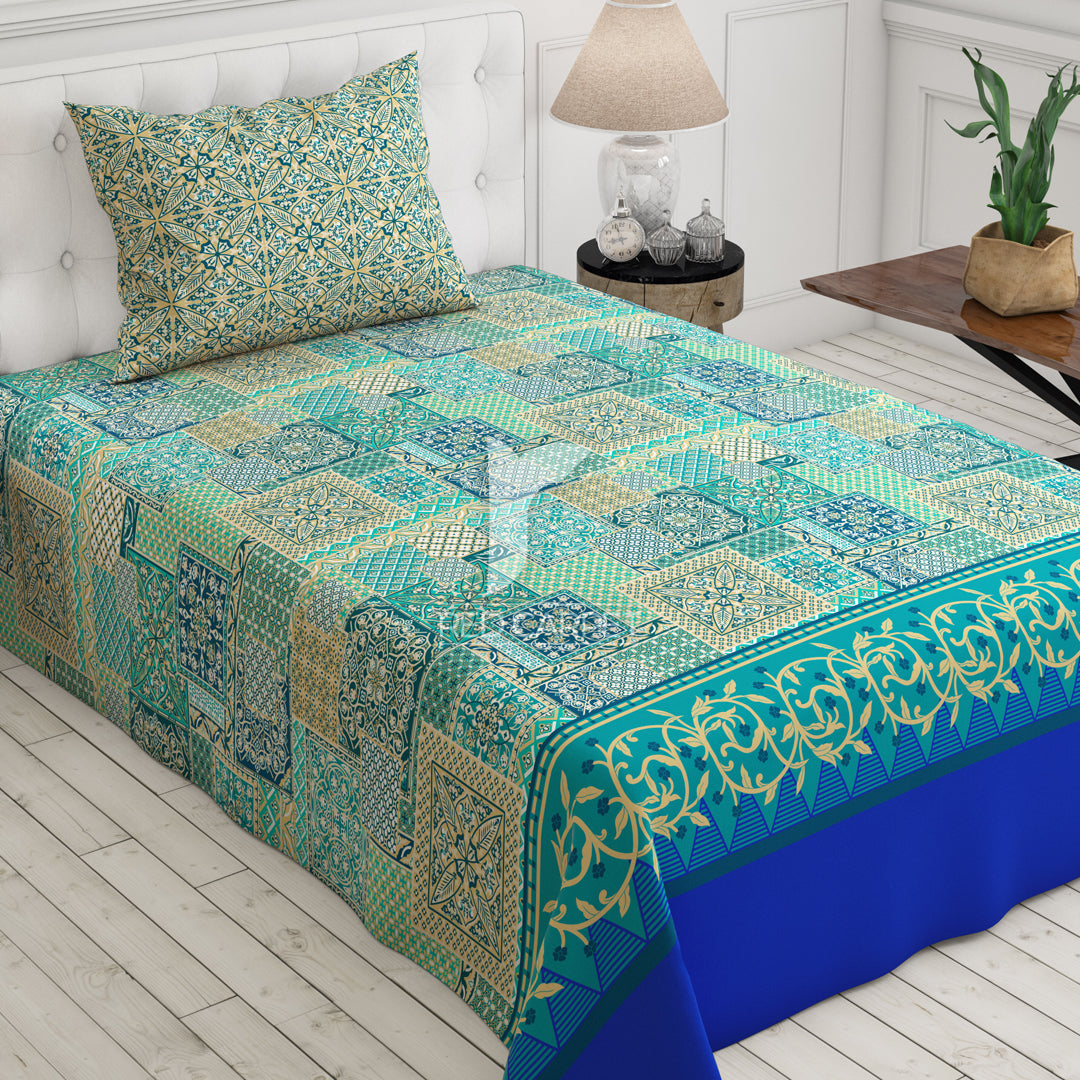 Xara Sea Green Floral Bed Sheet Set - 7198-7199